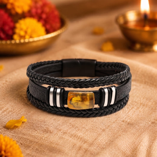 THE MEN THING The Perfect Rakhi Gift For Every Brother – AMBER CORE - Premium Genuine Leather Bracelet With Timeless Style (8 Inch)