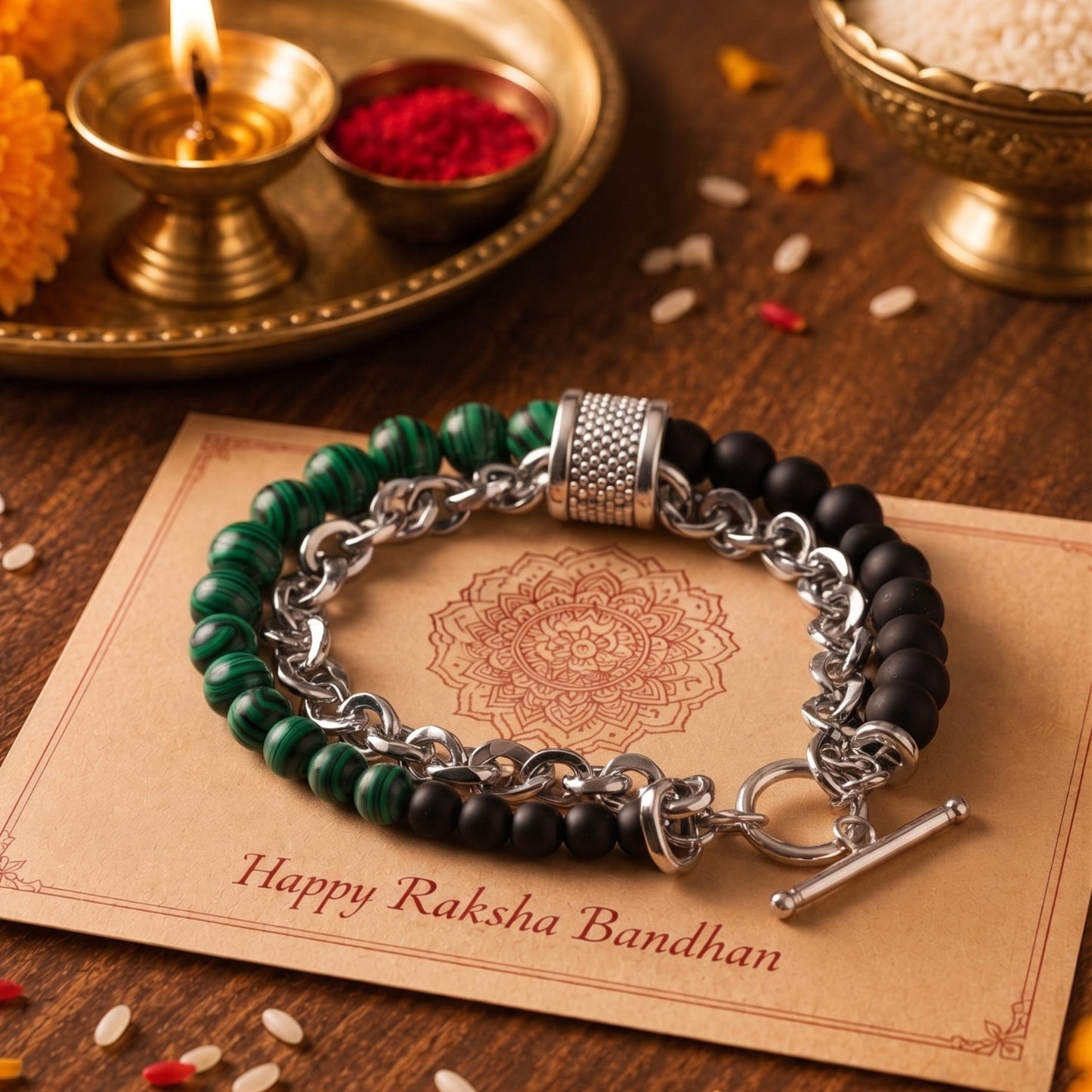 THE MEN THING The Perfect Rakhi Gift For Every Brother – BEADFUSION GREEN - Premium Genuine Beads Bracelet With Timeless Style (8 Inch)