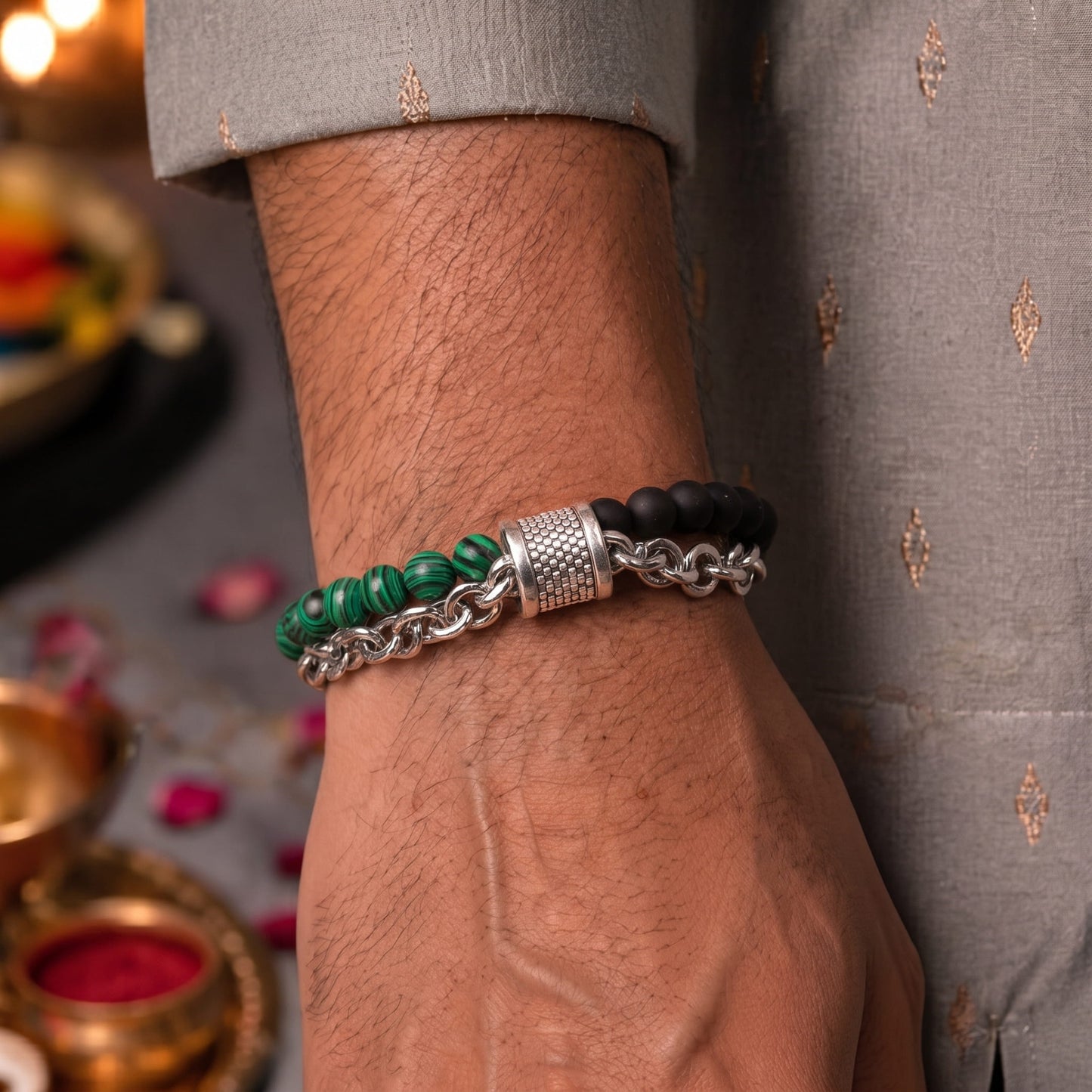 THE MEN THING The Perfect Rakhi Gift For Every Brother – BEADFUSION GREEN - Premium Genuine Beads Bracelet With Timeless Style (8 Inch)