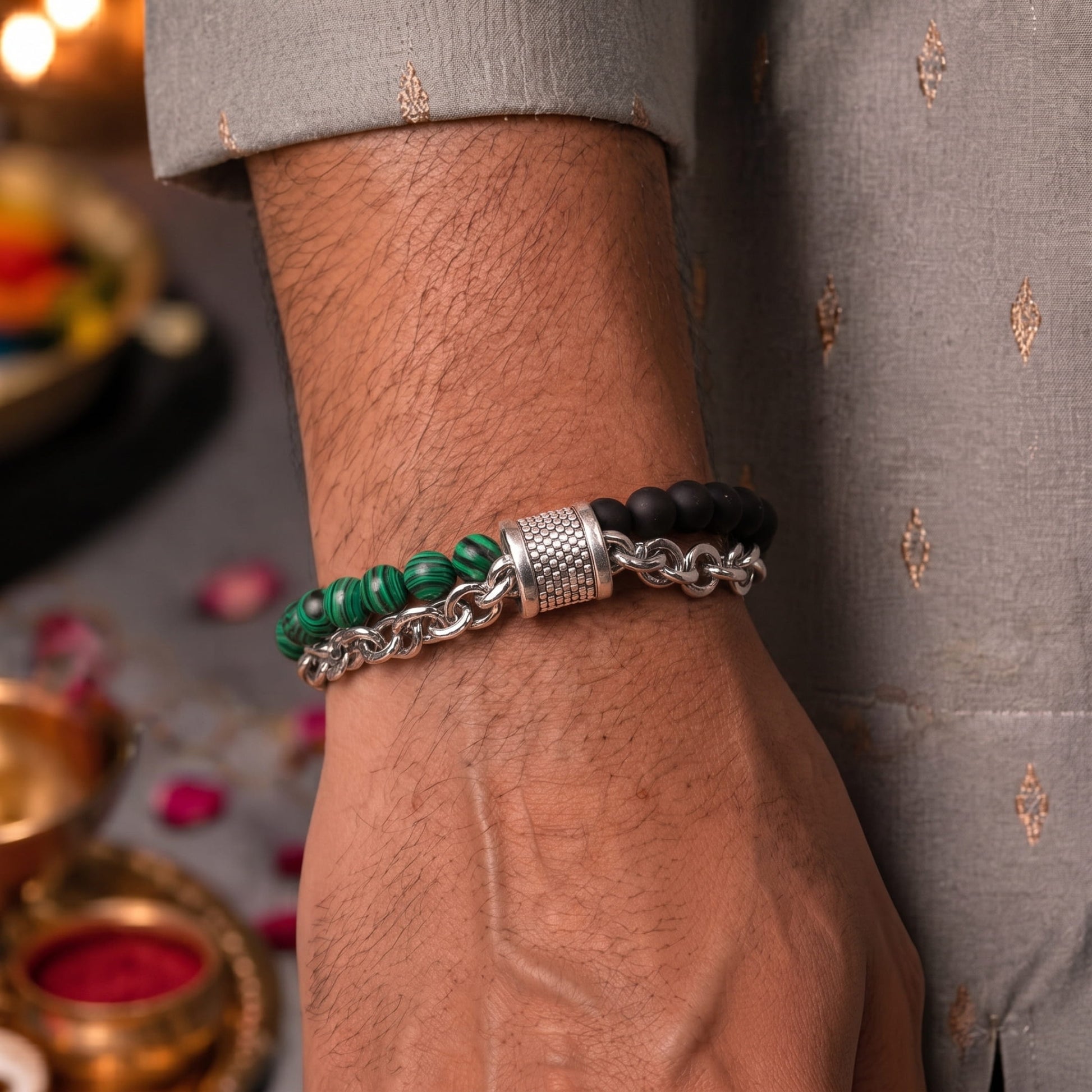 THE MEN THING The Perfect Rakhi Gift For Every Brother – BEADFUSION GREEN - Premium Genuine Beads Bracelet With Timeless Style (8 Inch)