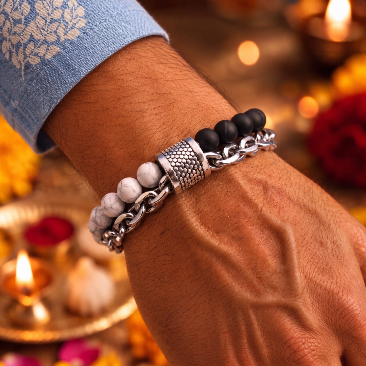 THE MEN THING The Perfect Rakhi Gift For Every Brother – BEADFUSION WHITE - Premium Genuine Beads Bracelet With Timeless Style (8 Inch)