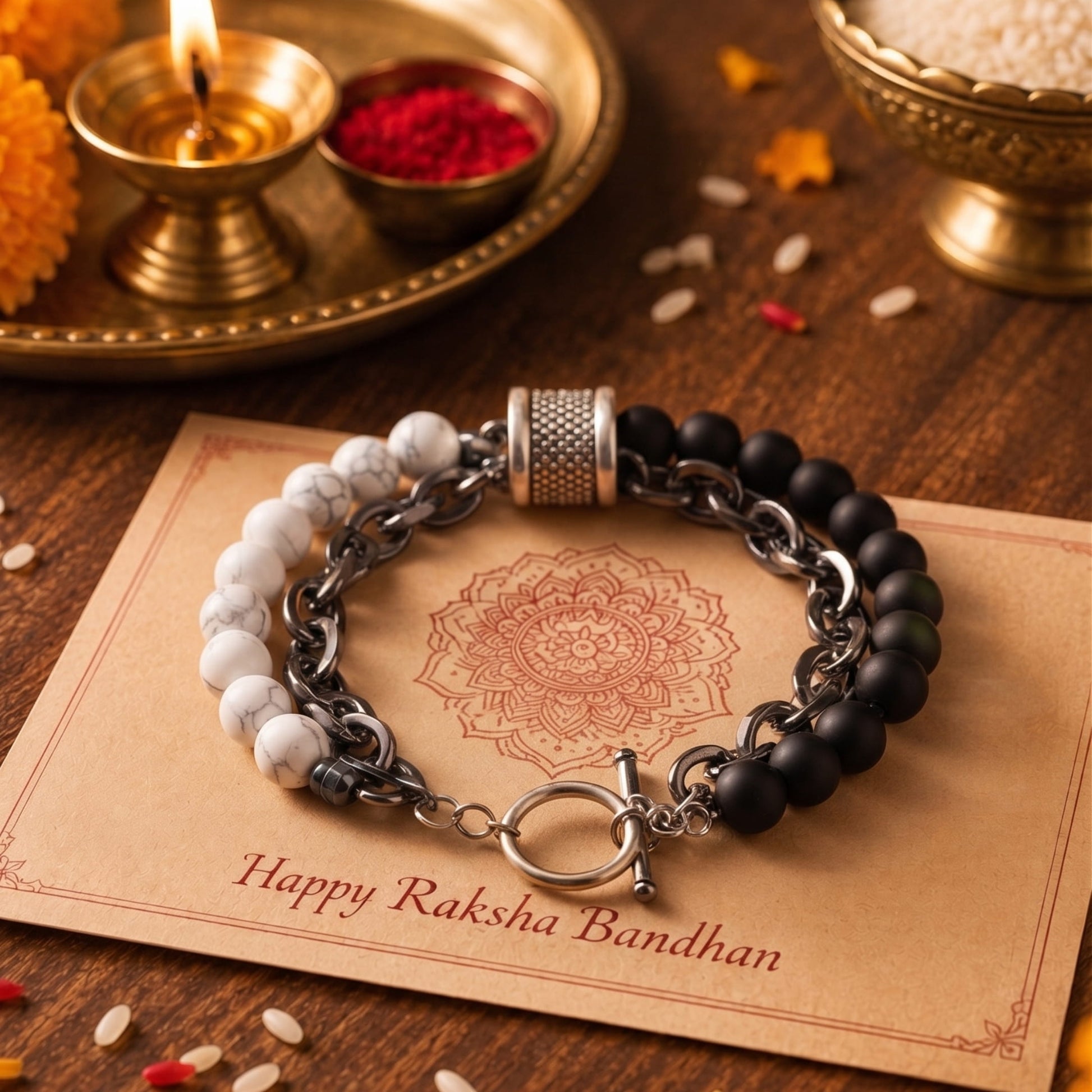 THE MEN THING The Perfect Rakhi Gift For Every Brother – BEADFUSION WHITE - Premium Genuine Beads Bracelet With Timeless Style (8 Inch)