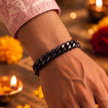 THE MEN THING The Perfect Rakhi Gift For Every Brother – BLACK STEEL UBAN BRACELET - Premium Genuine Titanium Steel Bracelet With Timeless Style (8 Inch)