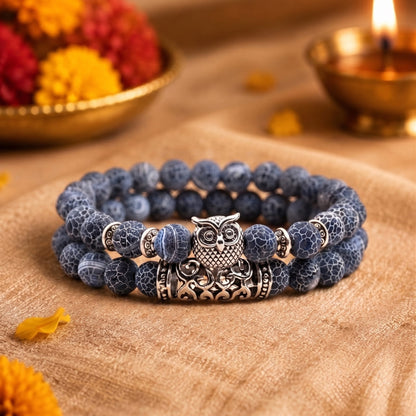 THE MEN THING The Perfect Rakhi Gift For Every Brother – BLUE ONYX OWL Premium Beads Stretch Bracelet With Timeless Style (8 Inch)