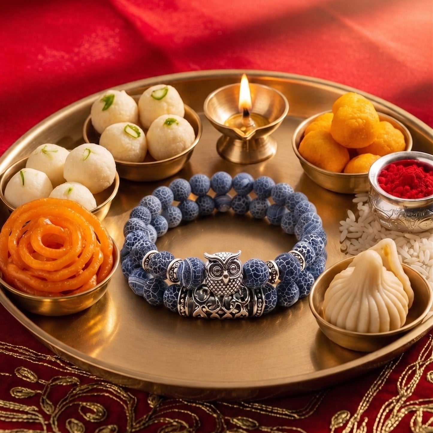 THE MEN THING The Perfect Rakhi Gift For Every Brother – BLUE ONYX OWL Premium Beads Stretch Bracelet With Timeless Style (8 Inch)