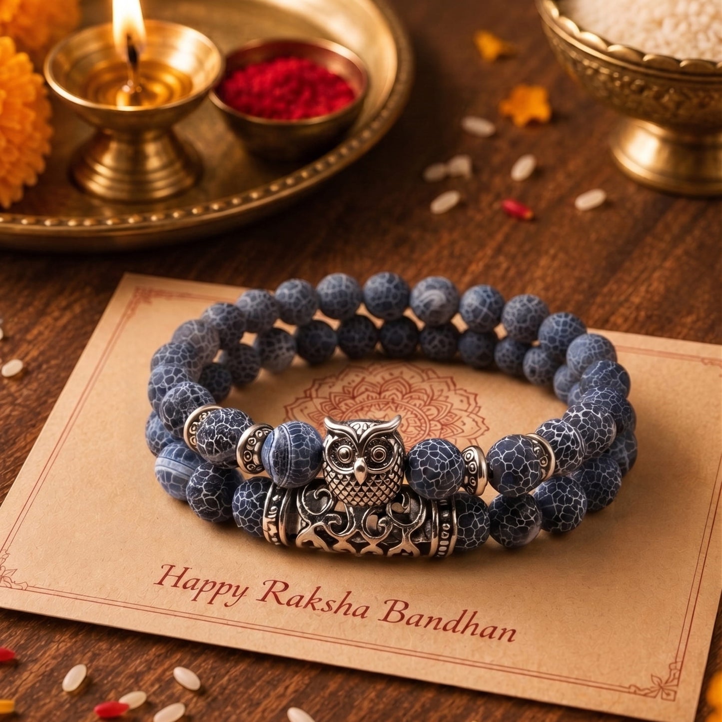 THE MEN THING The Perfect Rakhi Gift For Every Brother – BLUE ONYX OWL Premium Beads Stretch Bracelet With Timeless Style (8 Inch)