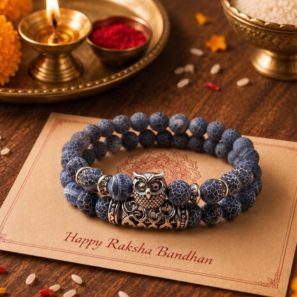The Perfect Rakhi Gift For Every Brother – BLUE ONYX OWL Premium Beads Stretch Bracelet With Timeless Style (8 Inch)