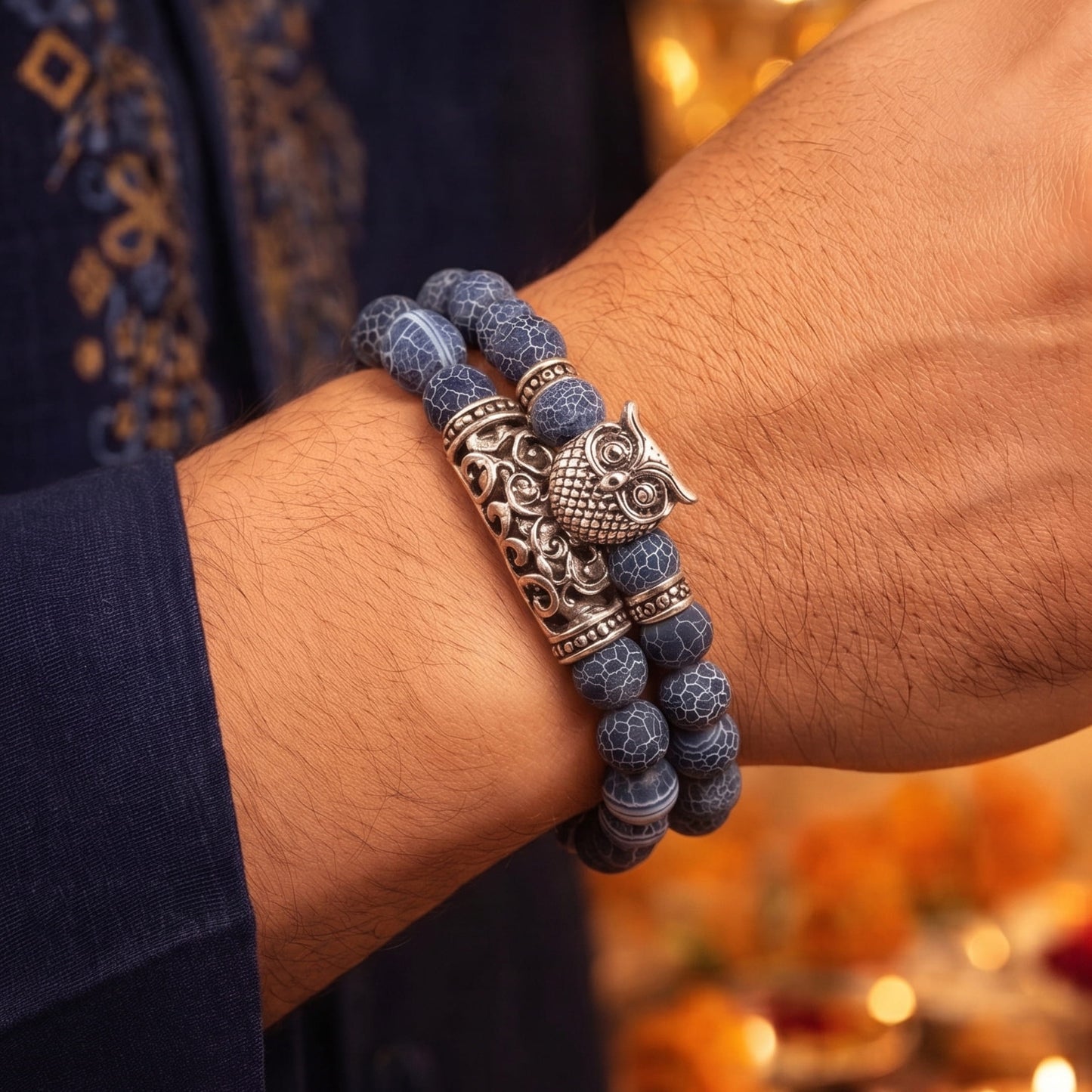 THE MEN THING The Perfect Rakhi Gift For Every Brother – BLUE ONYX OWL Premium Beads Stretch Bracelet With Timeless Style (8 Inch)