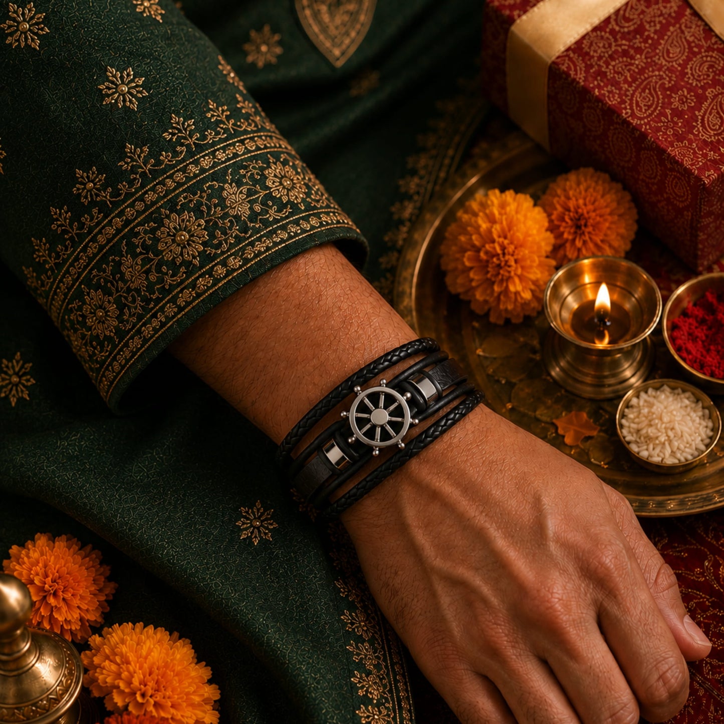 THE MEN THING The Perfect Rakhi Gift For Every Brother – CAPTAIN HELM BLACK- Premium Genuine Leather Bracelet With Timeless Style (8 Inch)