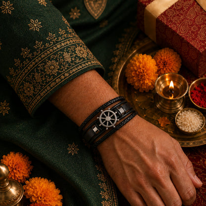 THE MEN THING The Perfect Rakhi Gift For Every Brother – CAPTAIN HELM BLACK- Premium Genuine Leather Bracelet With Timeless Style (8 Inch)