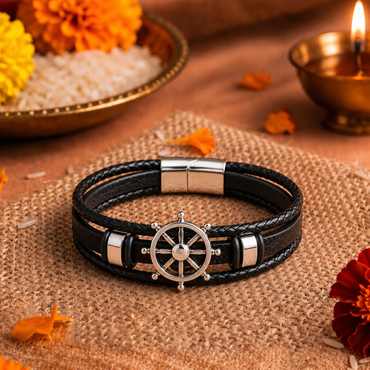 THE MEN THING The Perfect Rakhi Gift For Every Brother – CAPTAIN HELM BLACK- Premium Genuine Leather Bracelet With Timeless Style (8 Inch)
