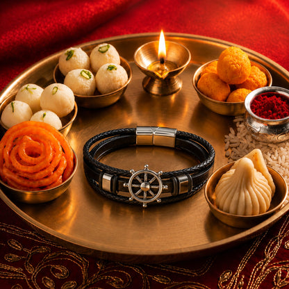 THE MEN THING The Perfect Rakhi Gift For Every Brother – CAPTAIN HELM BLACK- Premium Genuine Leather Bracelet With Timeless Style (8 Inch)