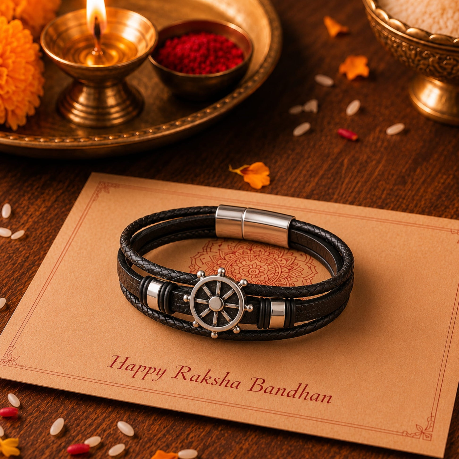 THE MEN THING The Perfect Rakhi Gift For Every Brother – CAPTAIN HELM BLACK- Premium Genuine Leather Bracelet With Timeless Style (8 Inch)