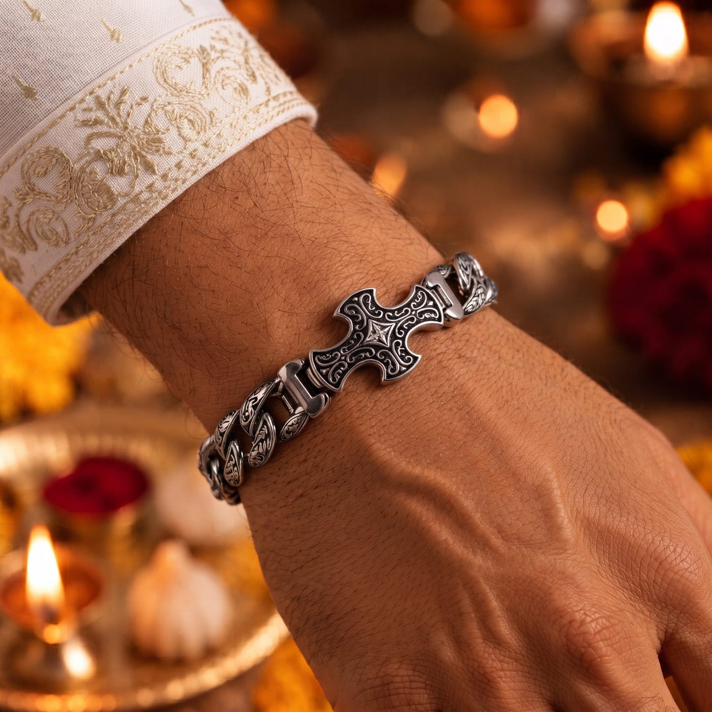 THE MEN THING The Perfect Rakhi Gift For Every Brother – CRUCIFIX  - Premium Genuine Titanium Steel Bracelet With Timeless Style (8 Inch)