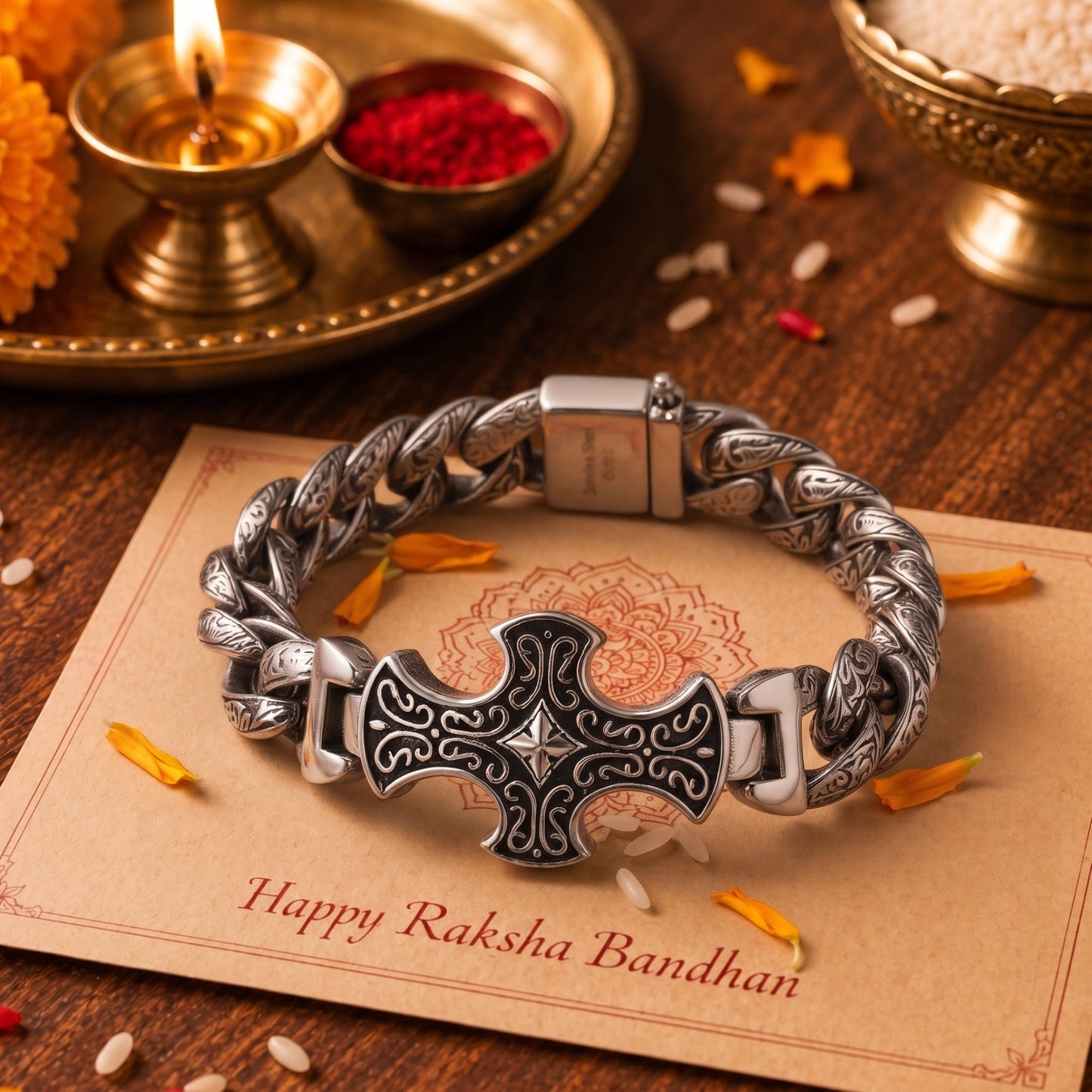 THE MEN THING The Perfect Rakhi Gift For Every Brother – CRUCIFIX  - Premium Genuine Titanium Steel Bracelet With Timeless Style (8 Inch)