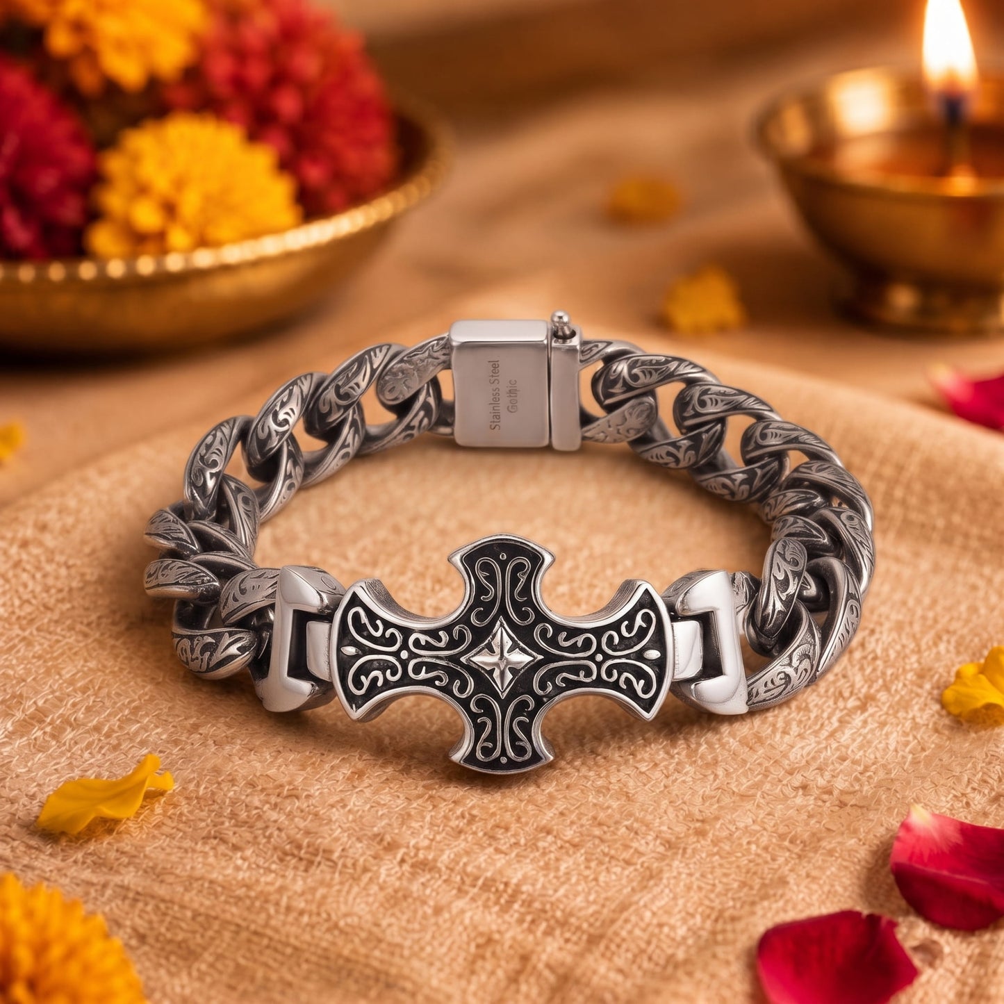 THE MEN THING The Perfect Rakhi Gift For Every Brother – CRUCIFIX  - Premium Genuine Titanium Steel Bracelet With Timeless Style (8 Inch)