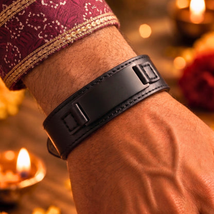 THE MEN THING The Perfect Rakhi Gift For Every Brother – DARKMATTER STRAP BLACK - Premium Genuine Leather Bracelet With Timeless Style (Adjustable)