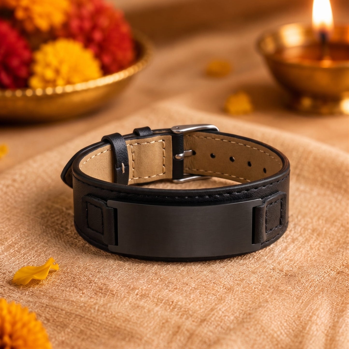 THE MEN THING The Perfect Rakhi Gift For Every Brother – DARKMATTER STRAP BLACK - Premium Genuine Leather Bracelet With Timeless Style (Adjustable)