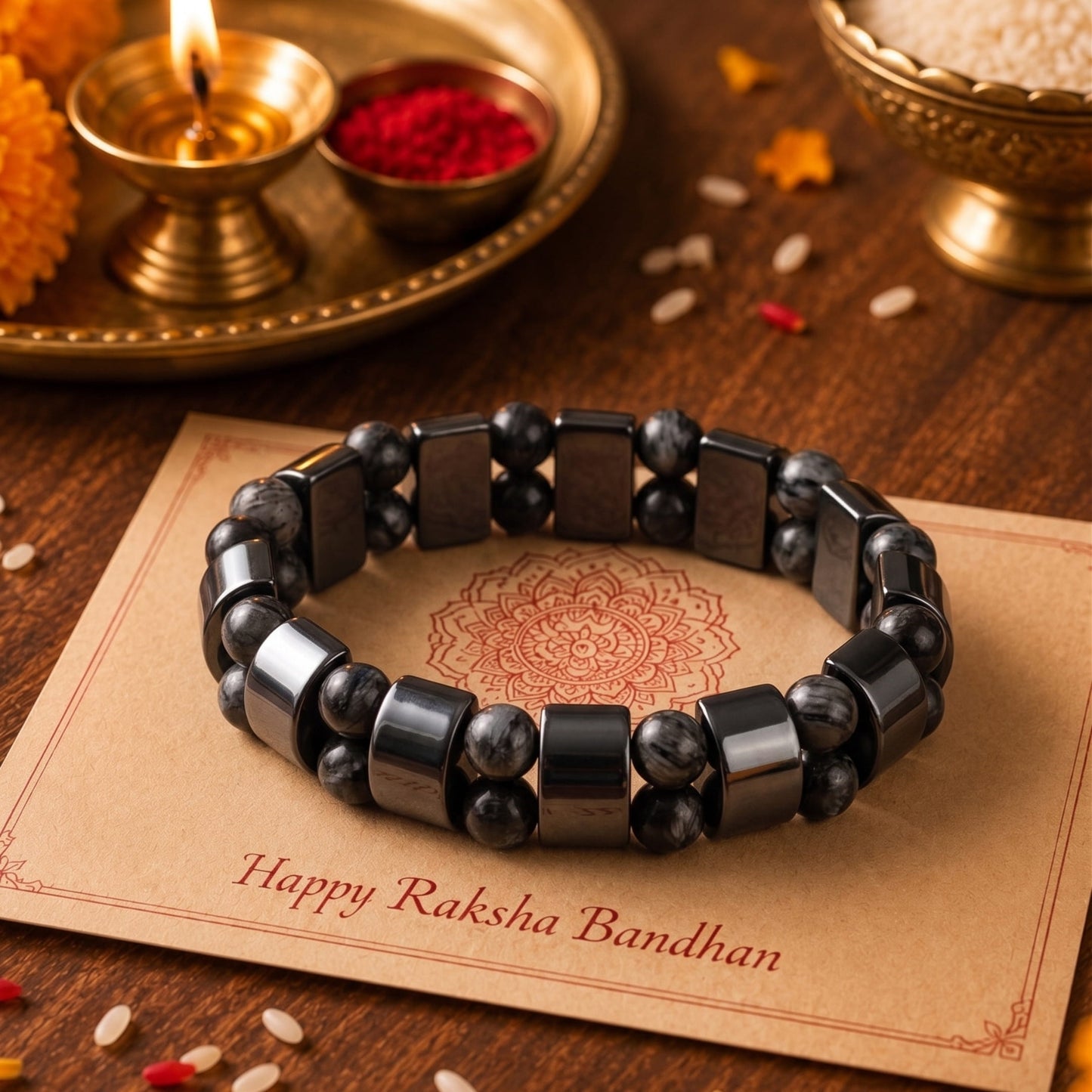 THE MEN THING The Perfect Rakhi Gift For Every Brother – DOUBLE HEMATITE - Premium Genuine Beads Bracelet With Timeless Style (7 Inch)