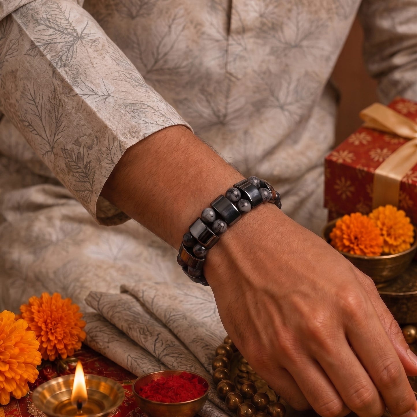THE MEN THING The Perfect Rakhi Gift For Every Brother – DOUBLE HEMATITE - Premium Genuine Beads Bracelet With Timeless Style (7 Inch)