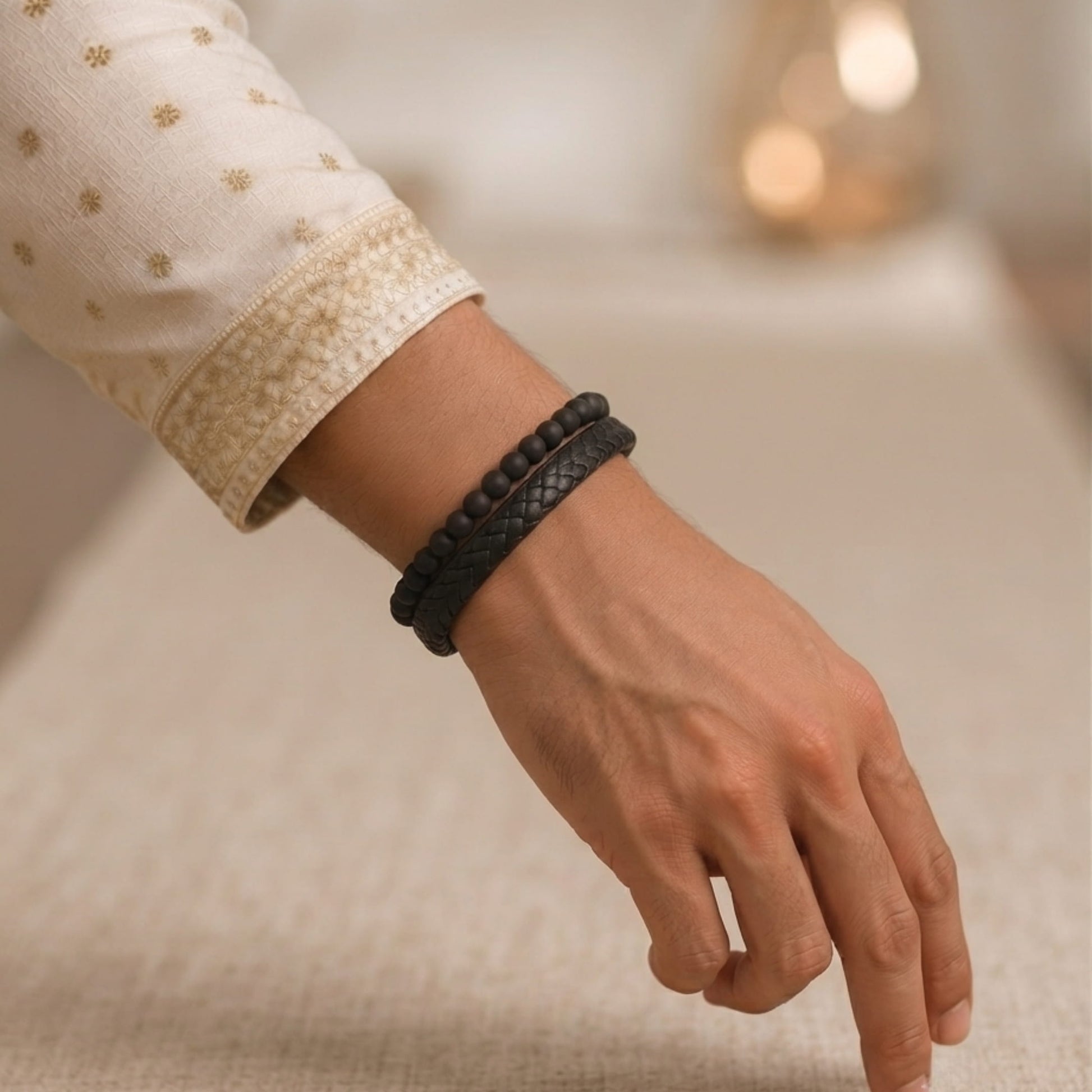 THE MEN THING The Perfect Rakhi Gift For Every Brother – EBONY DUO Premium Leather Bracelet With Timeless Style (8 Inch)