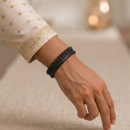 THE MEN THING The Perfect Rakhi Gift For Every Brother – EBONY DUO Premium Leather Bracelet With Timeless Style (8 Inch)