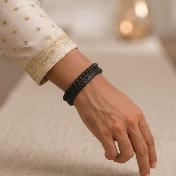 The Perfect Rakhi Gift For Every Brother – EBONY DUO Premium Leather Bracelet With Timeless Style (8 Inch)