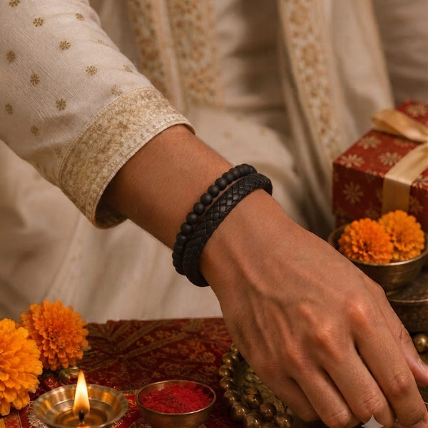 The Perfect Rakhi Gift For Every Brother – EBONY DUO Premium Leather Bracelet With Timeless Style (8 Inch)