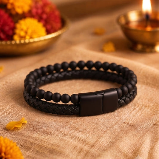 THE MEN THING The Perfect Rakhi Gift For Every Brother – EBONY DUO Premium Leather Bracelet With Timeless Style (8 Inch)