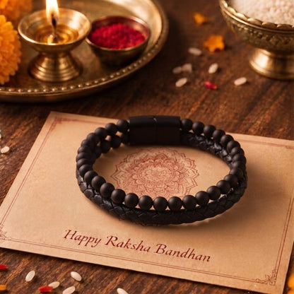 THE MEN THING The Perfect Rakhi Gift For Every Brother – EBONY DUO Premium Leather Bracelet With Timeless Style (8 Inch)