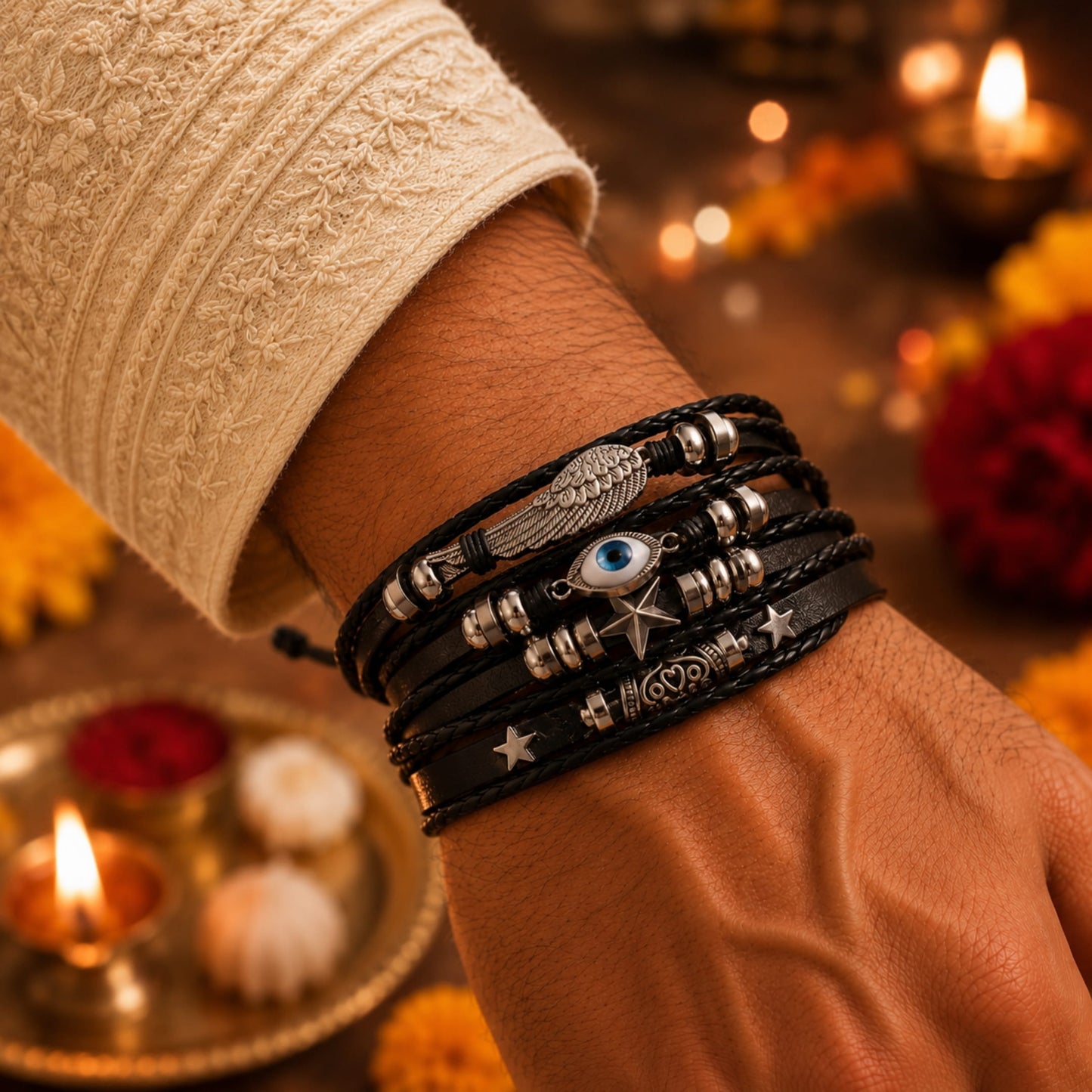 THE MEN THING The Perfect Rakhi Gift For Every Brother – EVOKNIGHT - Premium Genuine Leather Bracelet With Timeless Style (8 Inch)