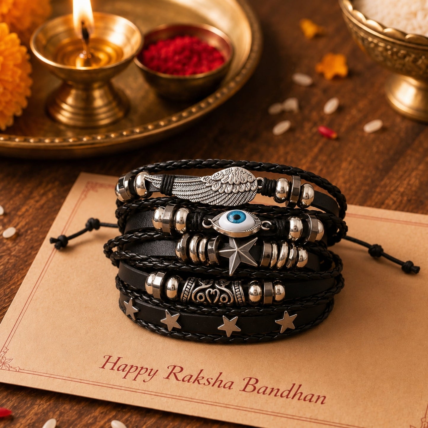 THE MEN THING The Perfect Rakhi Gift For Every Brother – EVOKNIGHT - Premium Genuine Leather Bracelet With Timeless Style (8 Inch)