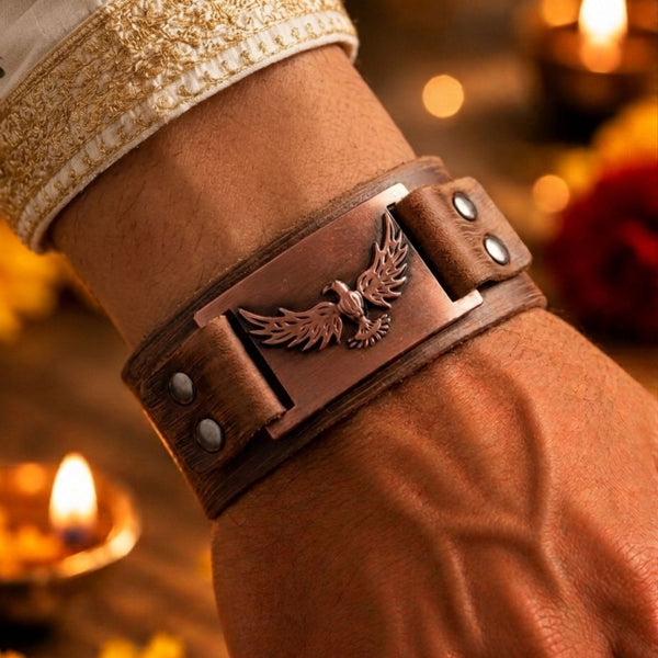 The Perfect Rakhi Gift For Every Brother – FIRESTORM PHOENIX BAND - Red Copper - Premium Genuine Leather Bracelet With Timeless Style (8 Inch)