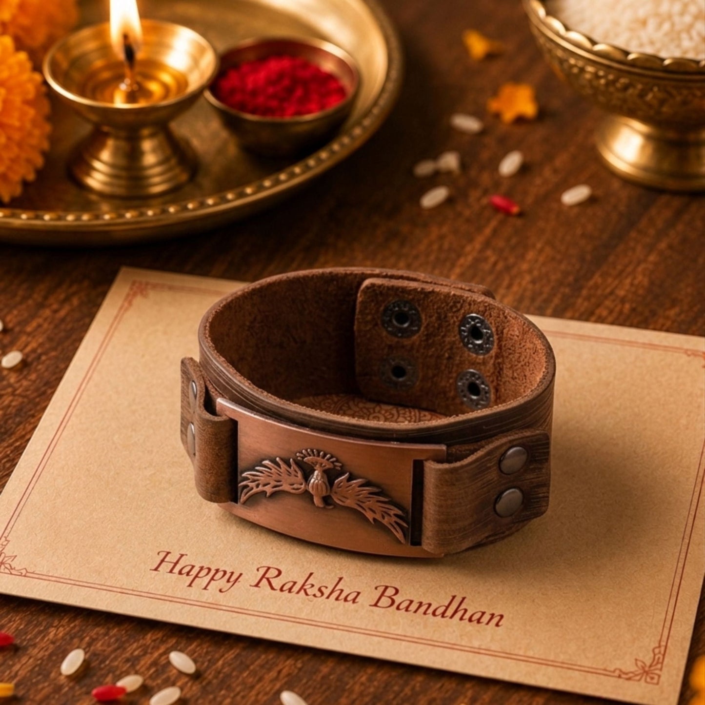 THE MEN THING The Perfect Rakhi Gift For Every Brother – FIRESTORM PHOENIX BAND - Red Copper - Premium Genuine Leather Bracelet With Timeless Style (8 Inch)