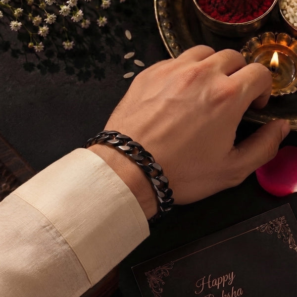 The Perfect Rakhi Gift For Every Brother – GRAVITAS LINK - 11.5mm Pure Black Titanium Steel Bracelet with Push Button Clasp for Men & Boy (8 inch)