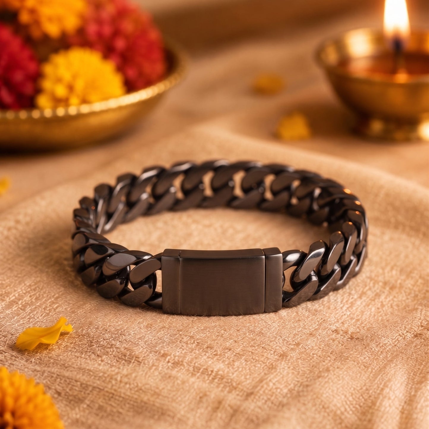THE MEN THING The Perfect Rakhi Gift For Every Brother – GRAVITAS LINK - 11.5mm Pure Black Titanium Steel Bracelet with Push Button Clasp for Men & Boy (8 inch)