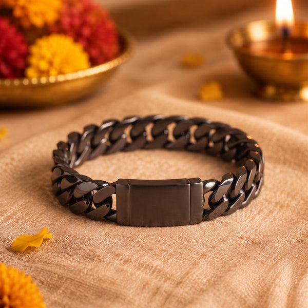 The Perfect Rakhi Gift For Every Brother – GRAVITAS LINK - 11.5mm Pure Black Titanium Steel Bracelet with Push Button Clasp for Men & Boy (8 inch)