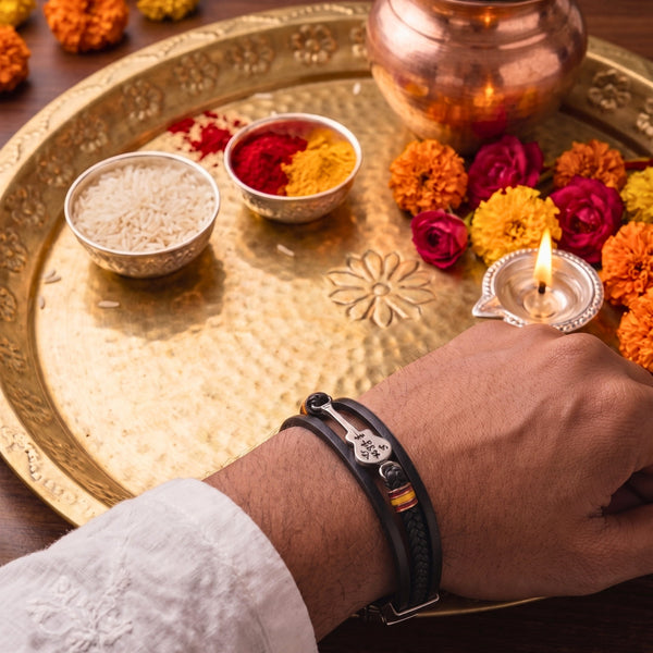 The Perfect Rakhi Gift For Every Brother – GUITAR CHARM BLACK - Three Strand Genuine Leather Bracelet with Stainless Steel Magnetic Buckle for Men & Boy (8 inch)