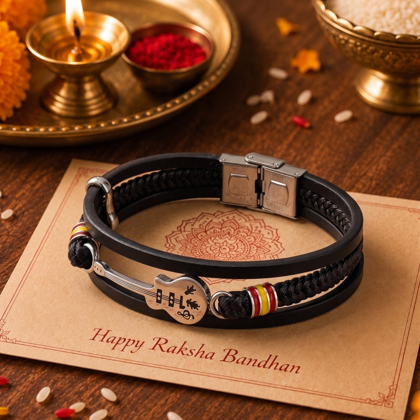 THE MEN THING The Perfect Rakhi Gift For Every Brother – GUITAR CHARM BLACK - Three Strand Genuine Leather Bracelet with Stainless Steel Magnetic Buckle for Men & Boy (8 inch)