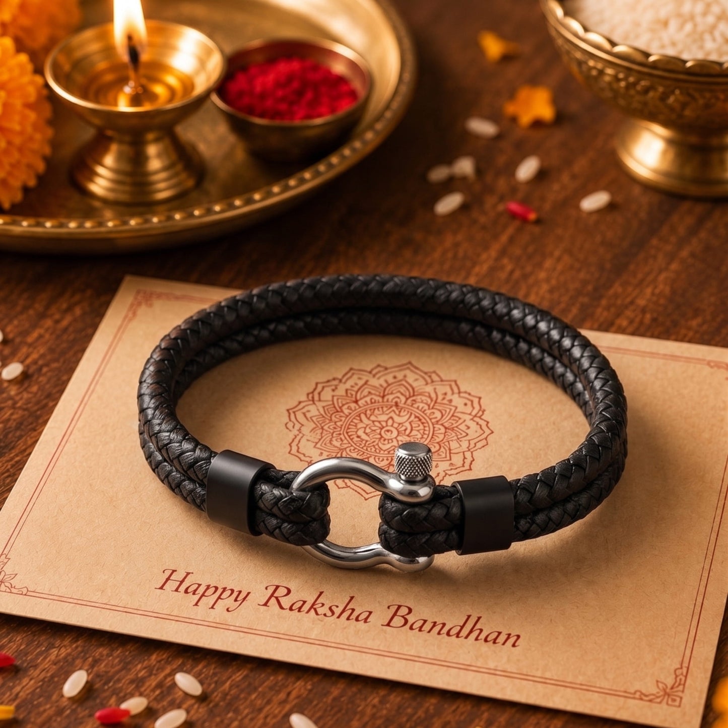 THE MEN THING The Perfect Rakhi Gift For Every Brother – HORSESHOE BUCKLE BLACK - Premium Genuine Leather Bracelet With Timeless Style (8 Inch)