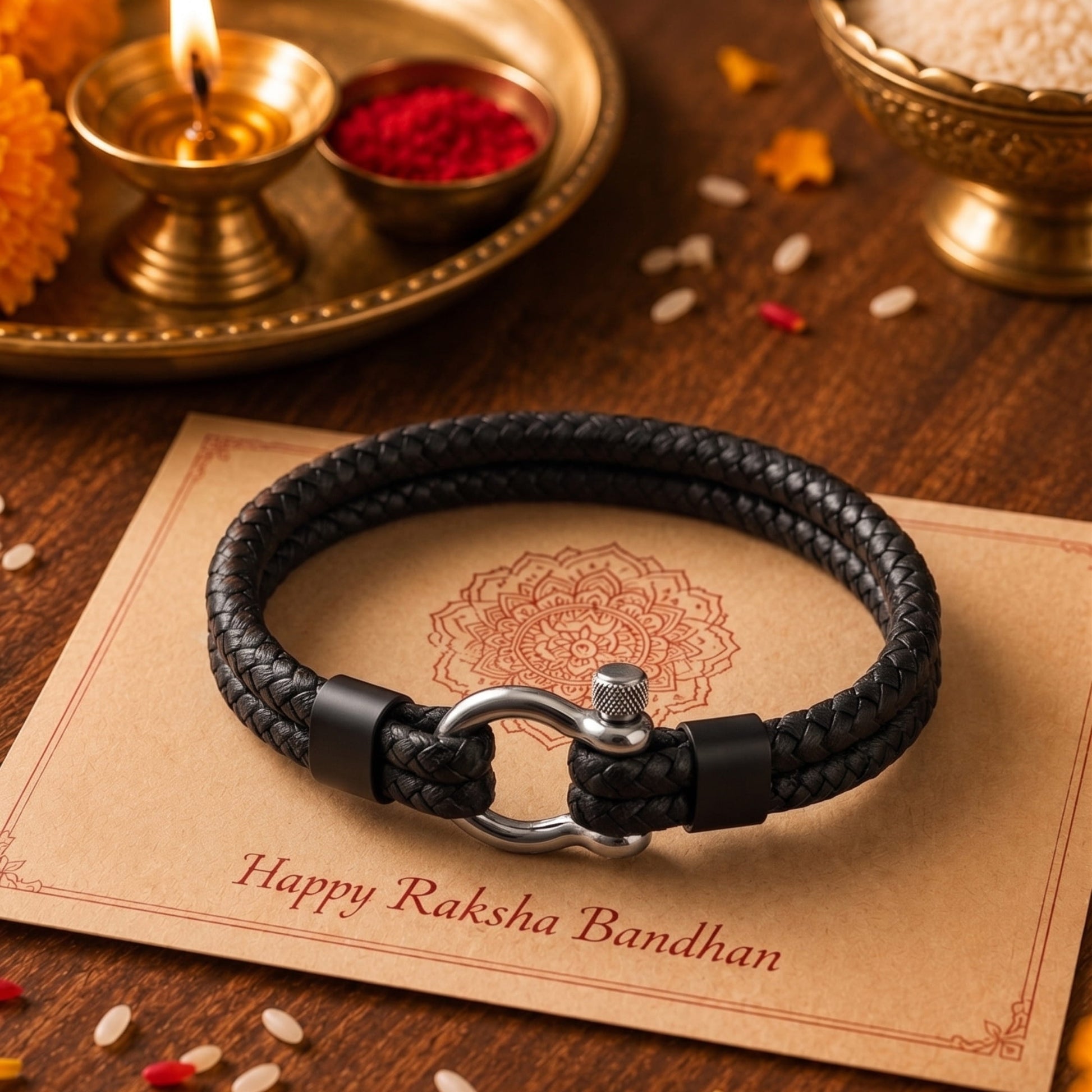 THE MEN THING The Perfect Rakhi Gift For Every Brother – HORSESHOE BUCKLE BLACK - Premium Genuine Leather Bracelet With Timeless Style (8 Inch)