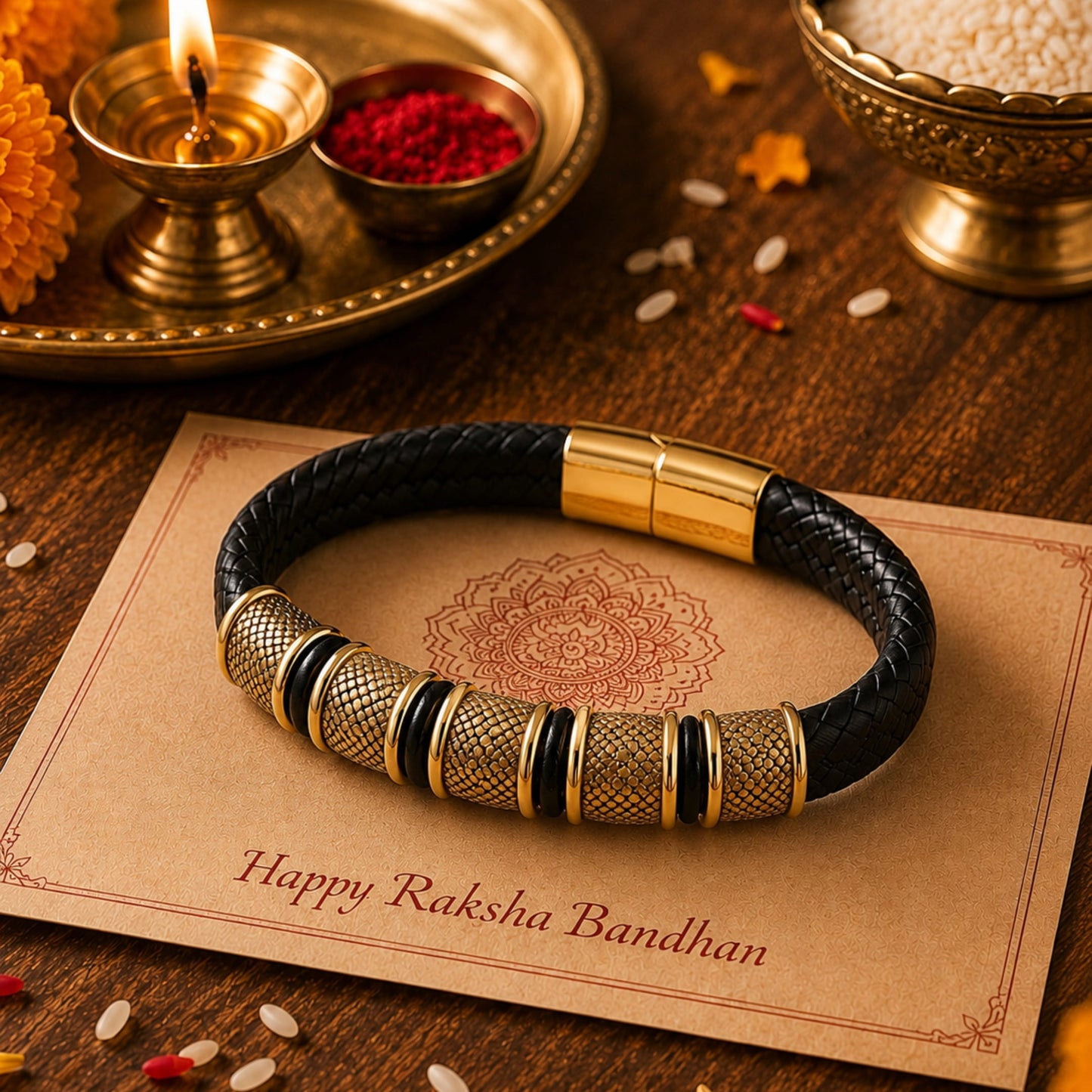THE MEN THING The Perfect Rakhi Gift For Every Brother – KAIROS RADIANT GOLD - Premium Genuine Leather Bracelet With Timeless Style (8 Inch)