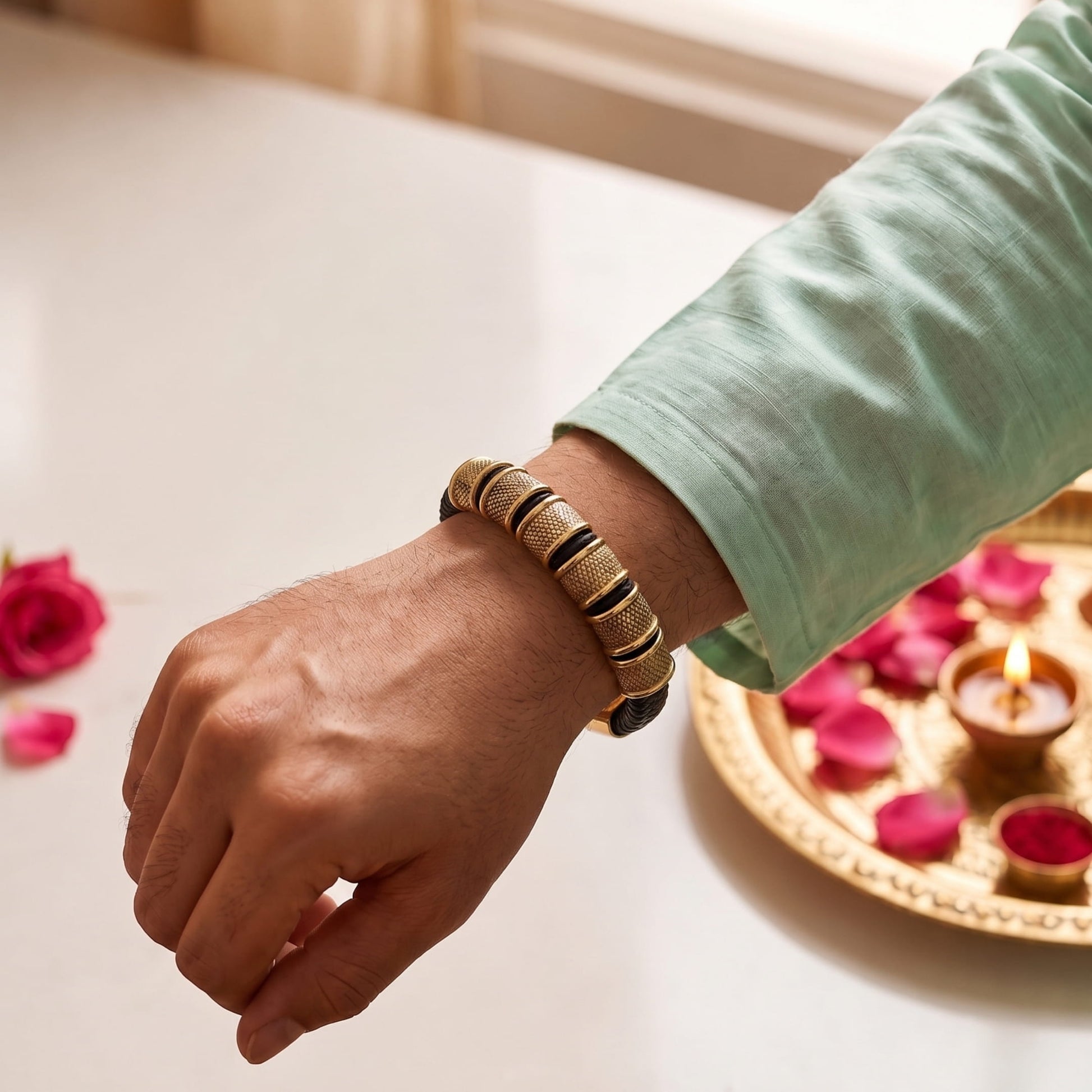 THE MEN THING The Perfect Rakhi Gift For Every Brother – KAIROS RADIANT GOLD - Premium Genuine Leather Bracelet With Timeless Style (8 Inch)