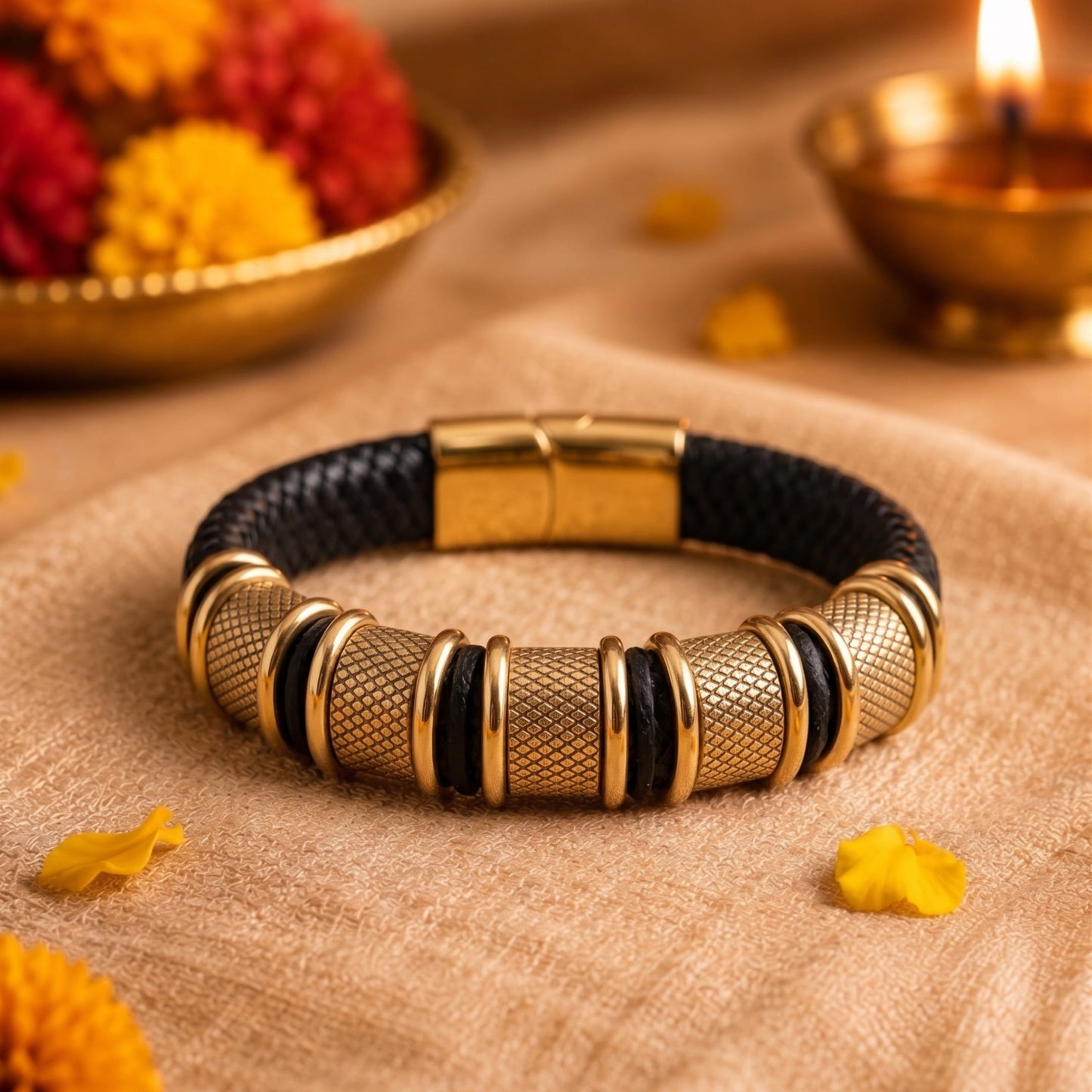 THE MEN THING The Perfect Rakhi Gift For Every Brother – KAIROS RADIANT GOLD - Premium Genuine Leather Bracelet With Timeless Style (8 Inch)