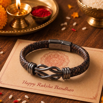THE MEN THING The Perfect Rakhi Gift For Every Brother – LOVE KNOT BROWN Premium Leather Bracelets With Timeless Style (8 Inch)
