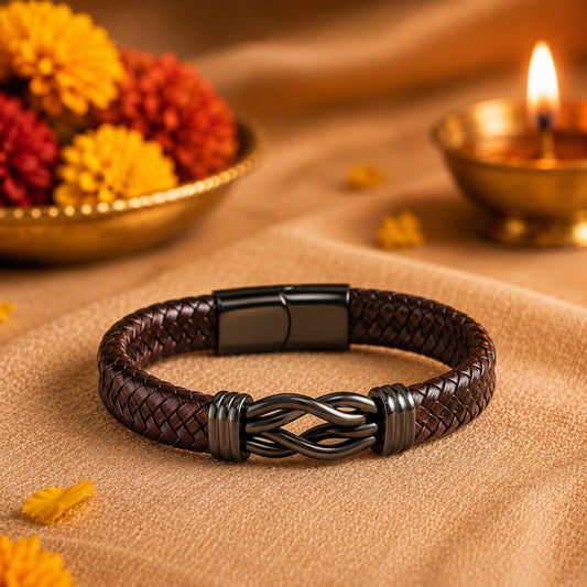 THE MEN THING The Perfect Rakhi Gift For Every Brother – LOVE KNOT BROWN Premium Leather Bracelets With Timeless Style (8 Inch)