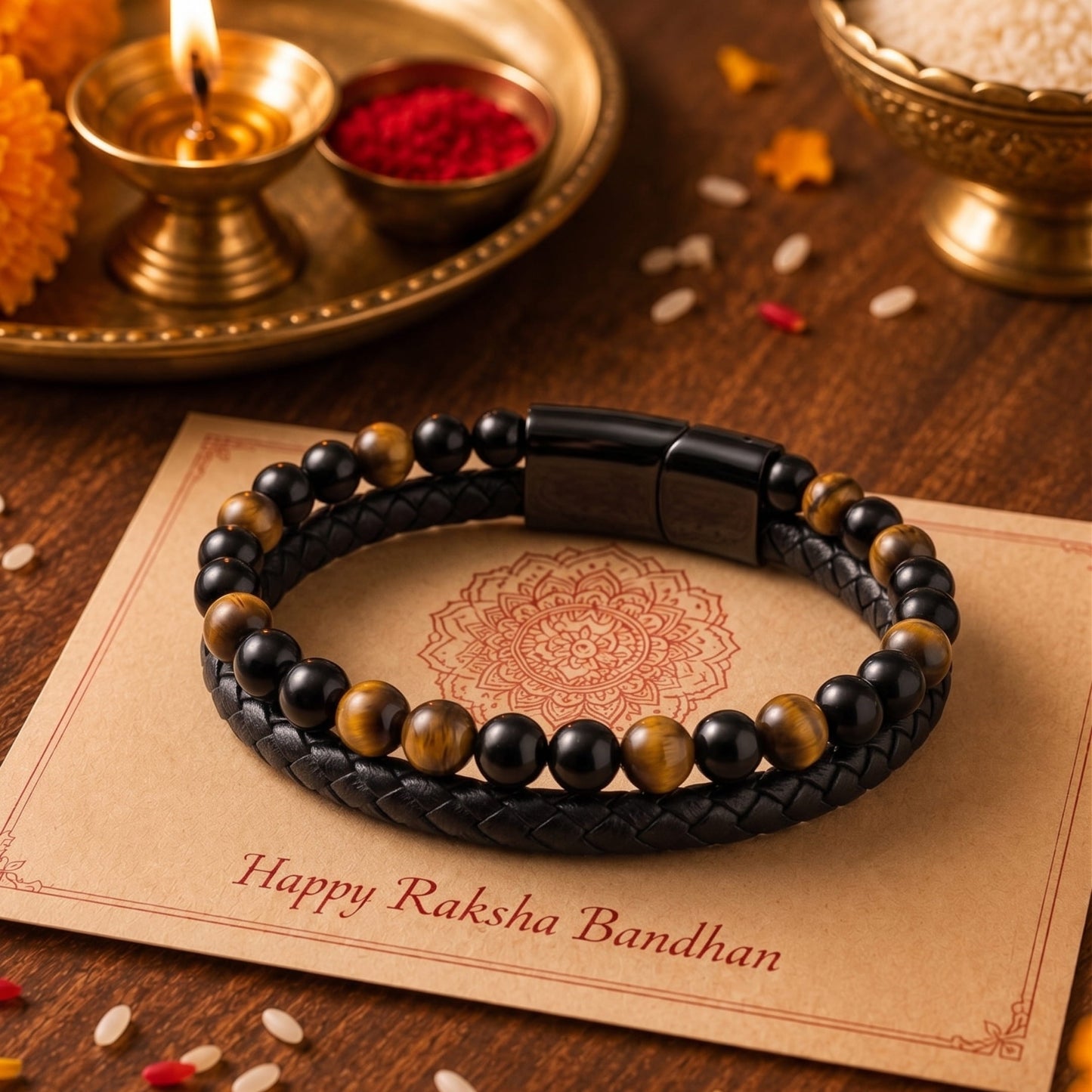 THE MEN THING The Perfect Rakhi Gift For Every Brother – NATURAL TIGER EYE HEALER - Premium Genuine Leather with Stainless Steel Bracelet With Timeless Style (7.5 Inch)