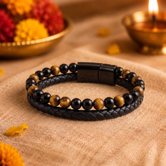 THE MEN THING The Perfect Rakhi Gift For Every Brother – NATURAL TIGER EYE HEALER - Premium Genuine Leather with Stainless Steel Bracelet With Timeless Style (7.5 Inch)
