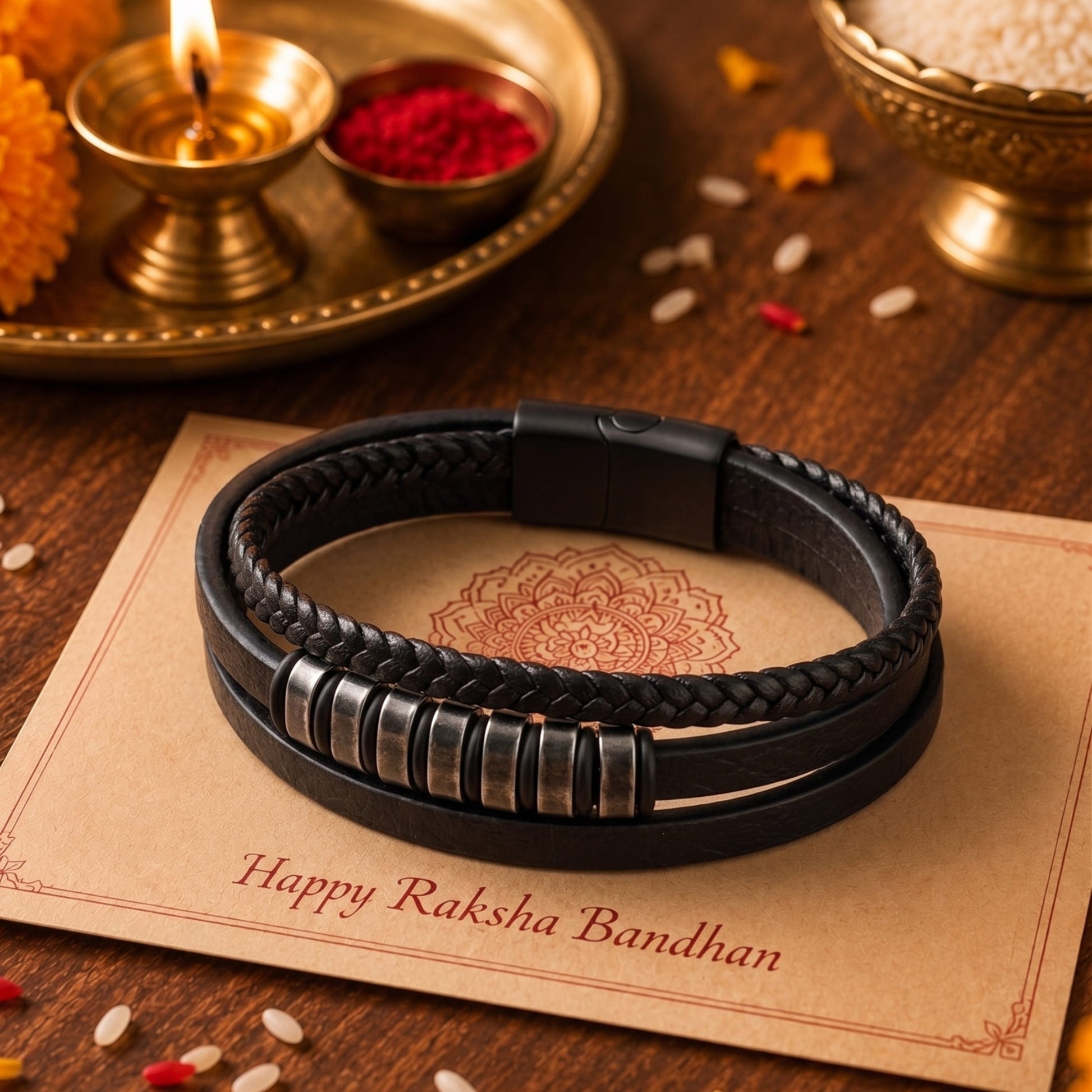 THE MEN THING The Perfect Rakhi Gift For Every Brother – NOIR BRAID BLACK - Premium Genuine Leather Bracelet With Timeless Style (8 Inch)