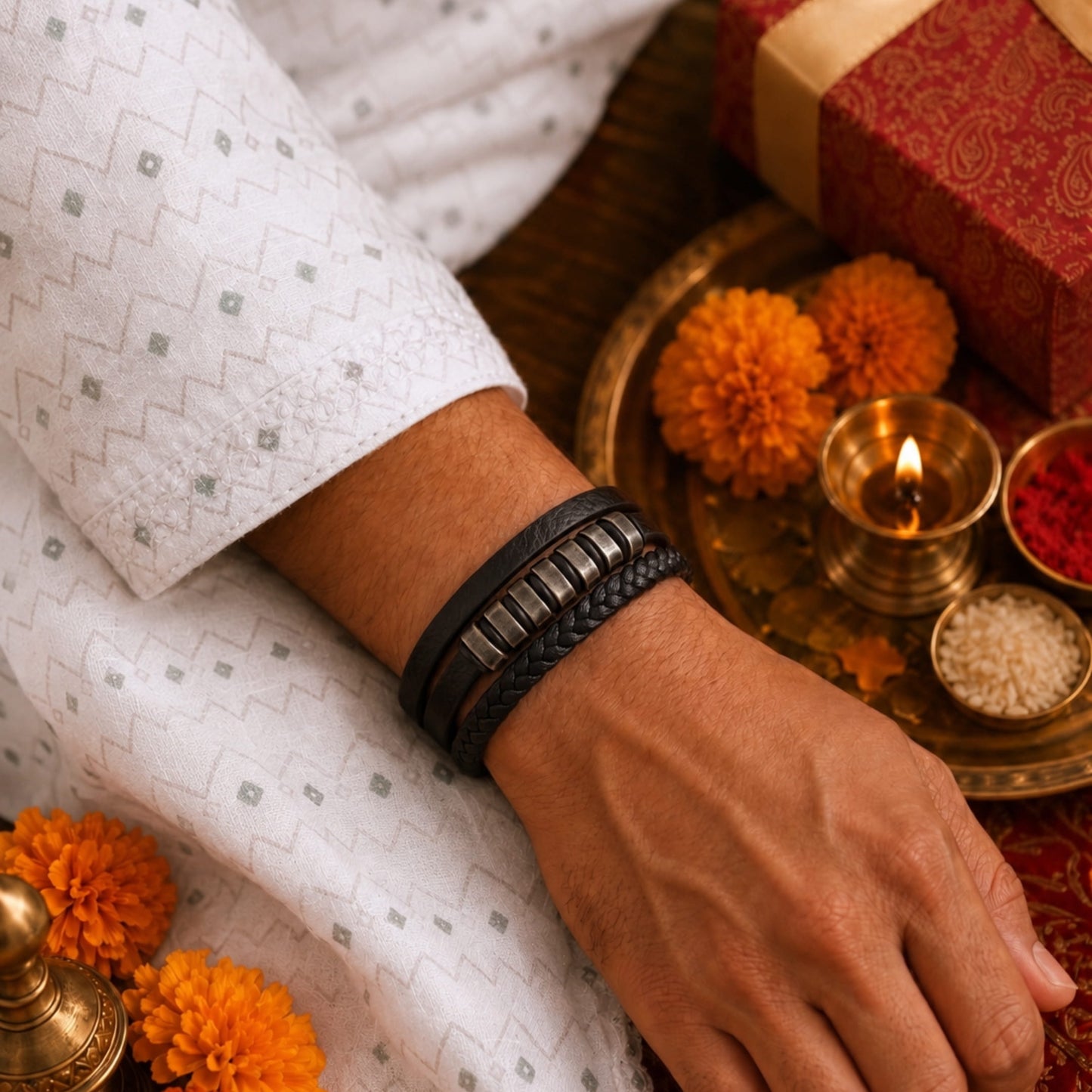THE MEN THING The Perfect Rakhi Gift For Every Brother – NOIR BRAID BLACK - Premium Genuine Leather Bracelet With Timeless Style (8 Inch)